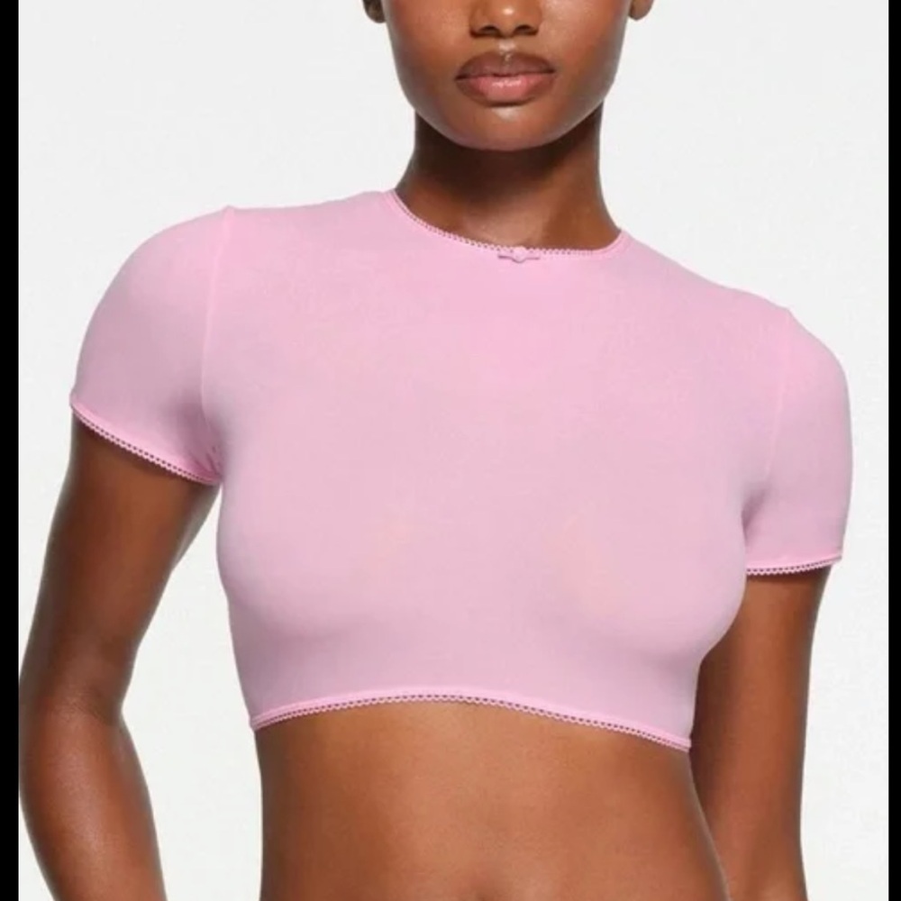 SKIMS Fits Everybody Picot Trim Super Cropped Shirt|Bubblegum Pink